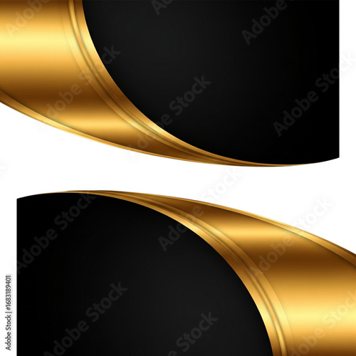 Luxurious golden curved banners on black and white background elegant abstract design template for premium events and invitations.