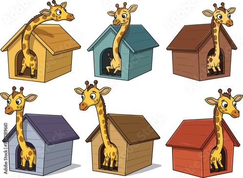 Cute cartoon giraffe inside colorful doghouse, playful animal mascot illustration for kids, funny wildlife, pet theme, whimsical outdoor character design