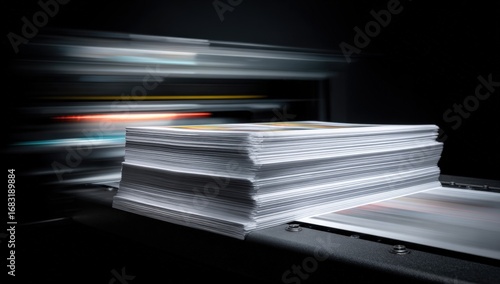 Stack of paper exiting a high-speed printing press