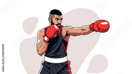 Determined boxer throwing a powerful punch during intense training session in the gym, showcasing strength and focus with a dynamic pose.