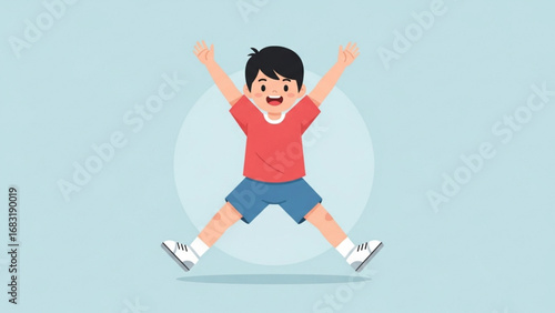 Smiling boy jumping with arms raised in a playful manner against a light blue backdrop, showcasing youthful energy and carefree joy.