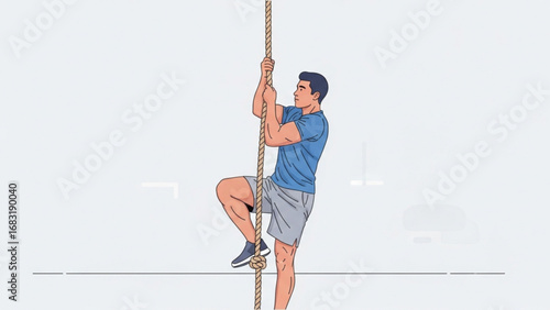 Man climbing a rope in a gym with determination and focus, showcasing strength and fitness in a minimalist style.