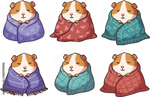 Cute cartoon guinea pigs in patterned blankets, cozy pet character vector illustration set, adorable animal art for children, home comfort design