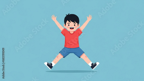 Smiling boy jumping with joy against a blue backdrop, expressing happiness and boundless energy in a playful and carefree manner.