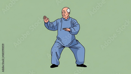 Senior man practicing tai chi in a serene outdoor park with slow, deliberate movements promoting health and wellness.