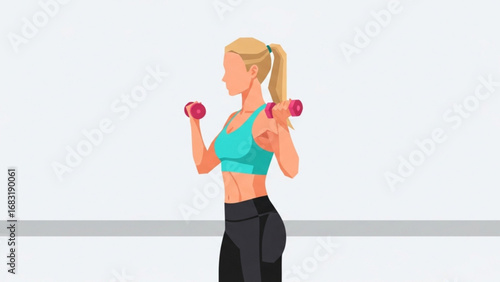 Blonde woman lifting dumbbells in gym during workout routine for strength and fitness, promoting healthy lifestyle and physical wellbeing.