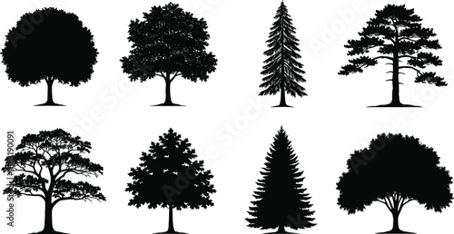 High-Quality Vector Tree Silhouettes Featuring Deciduous and Evergreen Trees for Landscape Architecture, Forest Illustration, Nature Clipart, and Graphic Design