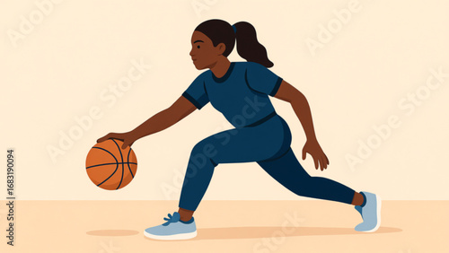 Focused young woman dribbles basketball on court during practice session, showcasing her agility and skill with determination and energy.