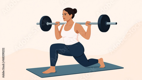Woman performing barbell lunges on yoga mat in bright studio, focusing on strength and fitness with determination and healthy lifestyle.