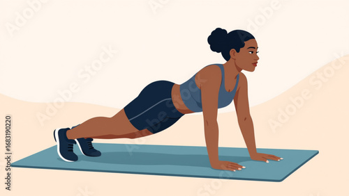 Woman performs pushup exercise on a yoga mat at home, focusing on strength and fitness with a determined expression.