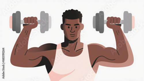 Muscular african american man lifting dumbbells in gym during workout session, showcasing strength and determination in fitness lifestyle.
