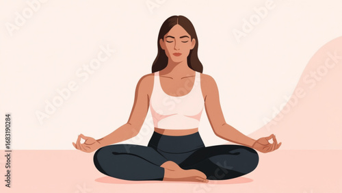 Calm woman meditating in lotus position on yoga mat in peaceful studio, finding inner peace and mindfulness through meditation practice.