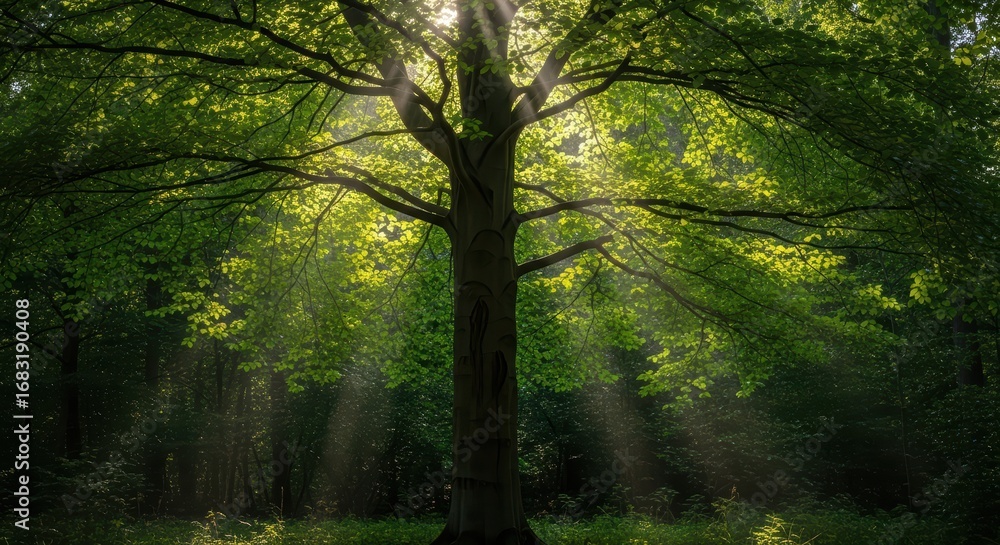 Obraz premium Sunlight filtering through lush green tree canopy in serene forest