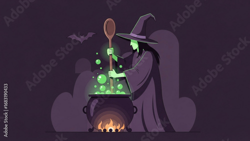 Witch stirring bubbling green potion in cauldron over fire on dark, spooky night, creating a magical and mysterious atmosphere.