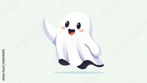 Cute ghost waving hello against a soft green gradient backdrop, creating a friendly and inviting spooky season vibe.