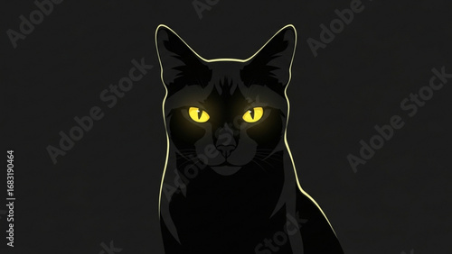 Black cat stares intently with glowing yellow eyes against a dark, shadowy backdrop, creating a mysterious and captivating atmosphere.