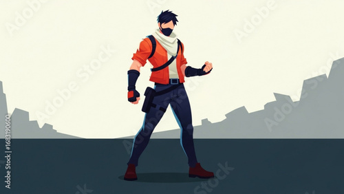 Confident male character in red jacket stands heroically against a stylized landscape with mountains, exuding strength and determination in a modern adventure scene.