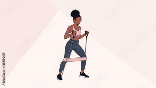 Athletic woman exercising with resistance bands in a studio for strength training and fitness, showcasing a healthy and active lifestyle.