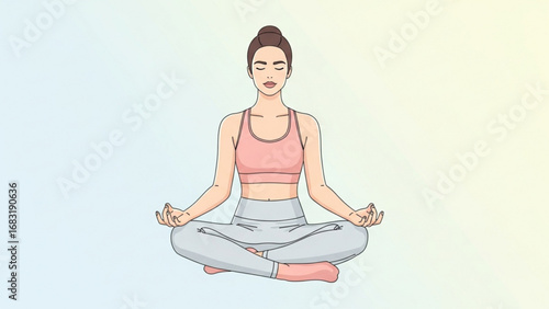 Woman meditating in lotus position on yoga mat indoors, finding inner peace and tranquility through mindfulness and deep breathing exercises in a serene atmosphere.