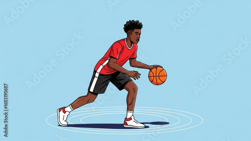 Young basketball player dribbling the ball on a court with focus and determination, showcasing skill and athleticism in a dynamic scene.