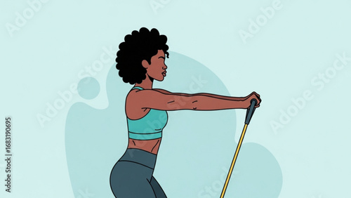 Athletic woman exercising with resistance band in modern studio, focusing on strength and fitness with a determined expression.