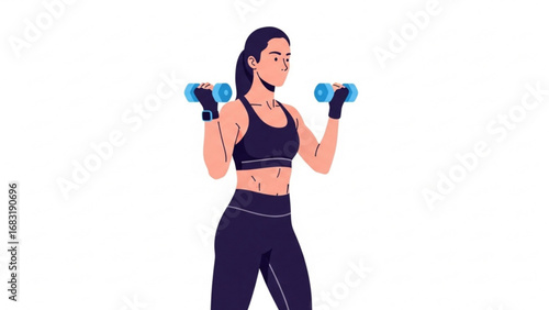 Fit woman lifting dumbbells during workout session at home, showcasing strength and determination in a modern minimalist style.