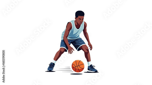 Focused basketball player dribbles the ball on the court during a competitive game, showcasing skill and determination in a dynamic sports scene.