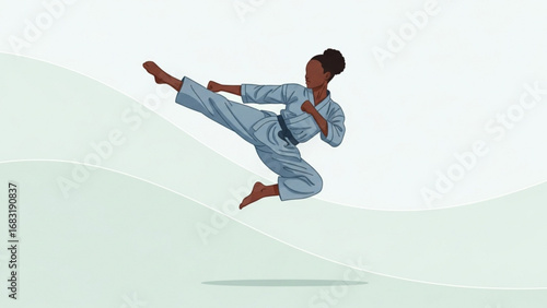 Focused woman in blue karate gi performs a flying side kick against a white backdrop with light green accents, showcasing strength and determination.