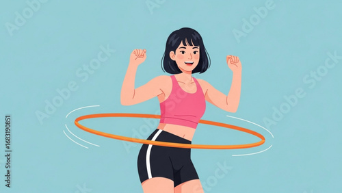 Young woman twirling hula hoop around waist in studio against blue backdrop, enjoying fitness routine with energy and enthusiasm.