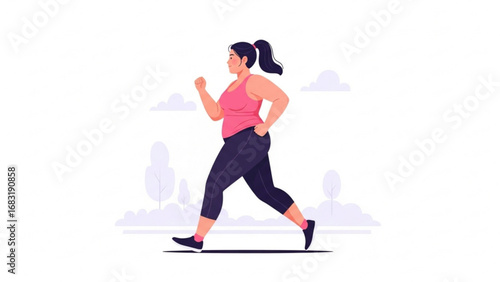 Curvy woman jogging outdoors in sportswear, enjoying a healthy lifestyle and promoting body positivity with determination and energy.