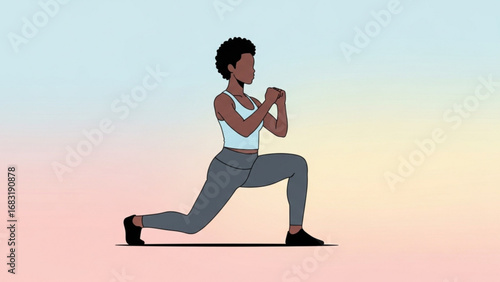 Young woman performing a lunge exercise on a mat in a brightly lit room, demonstrating strength and fitness with a determined expression.