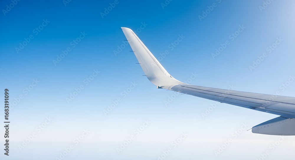 Fototapeta premium Stunning airplane wing soaring through clear blue sky, symbolizing travel and freedom