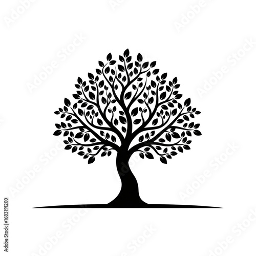 Beautiful elegant black tree silhouette vector graphic isolated on white background with lush leaves and strong trunk design element