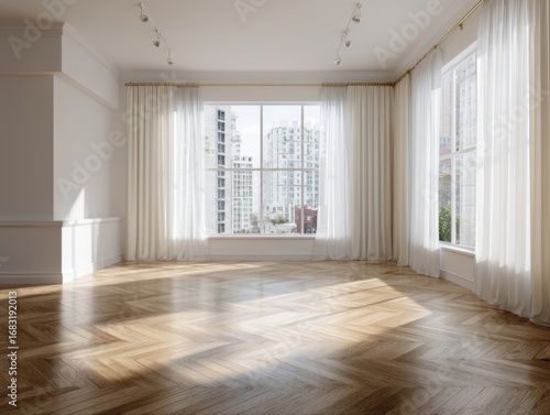 Fototapeta Naklejka Na Ścianę i Meble -  A large room with a window and white curtains