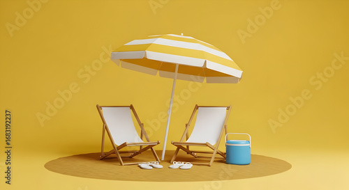 Stylized summer beach scene with beach chairs, umbrella and cooler in yellow shades, evocative of