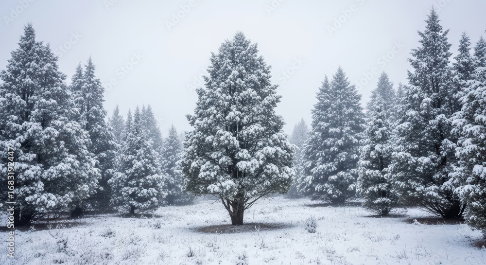 Fototapeta premium Snow-covered pine trees in tranquil winter forest landscape