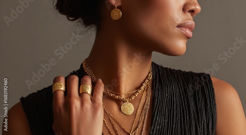 Elegant woman in gold jewelry product shot with layered necklaces and rings, posing with hand on chest, luxury fashion and beauty concept in studio