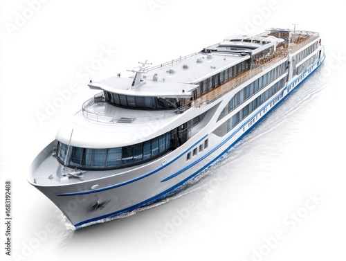 A modern river cruise ship glides across placid waters, showcasing a sleek design and spacious decks.
