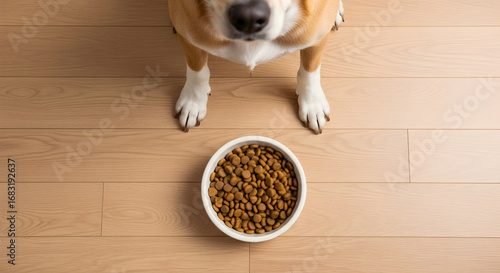 Adorable dog waiting patiently for food in a bowl on wooden floor ready to eat