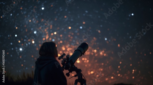 A stargazer looking through a telescope under glowing constellations, astrophotography,