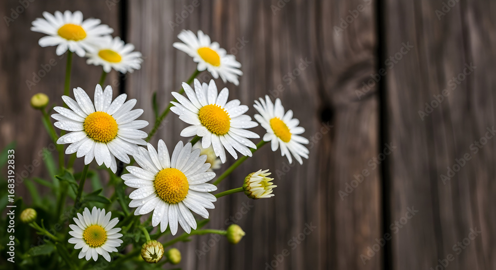 Obraz premium Fresh spring daisies against rustic wooden fence creating a charming country feel
