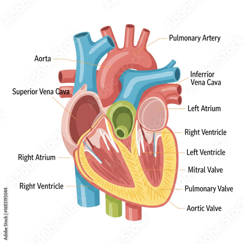Detailed Educational Human Heart Anatomy Diagram Vector Illustration. Labeled Cross-Section of Chambers, Valves, and Major Blood Vessels.