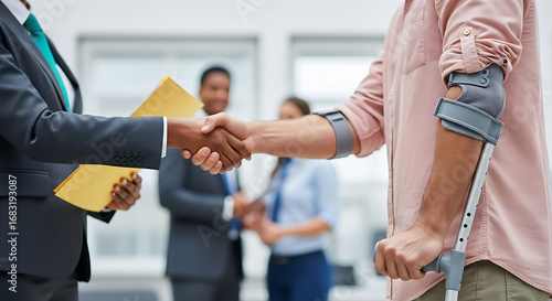 Businessman shaking hands with injured employee in office meeting