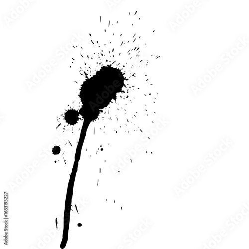 A single black ink splat with a long drip and radiating spatters on a stark white background.