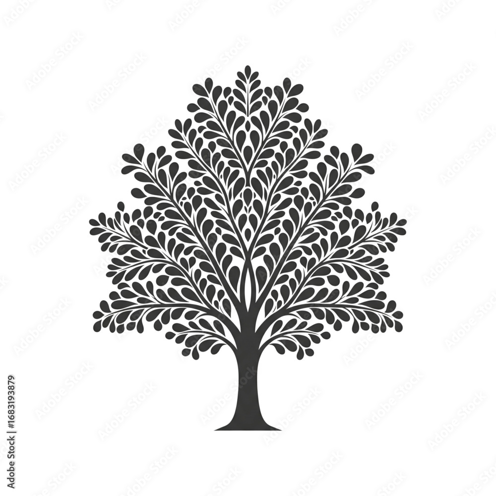 Obraz premium Decorative black tree silhouette with stylized dense leaves and sturdy trunk isolated on white. Elegant nature graphic design element.
