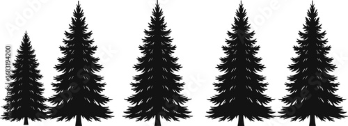 Set of Pine Tree Silhouettes in Black Vector Style for Forest, Landscape, Nature Design, Winter, Outdoor Art and Illustration