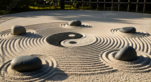 Zen garden featuring a yin yang symbol and stones promoting meditation and mindfulness