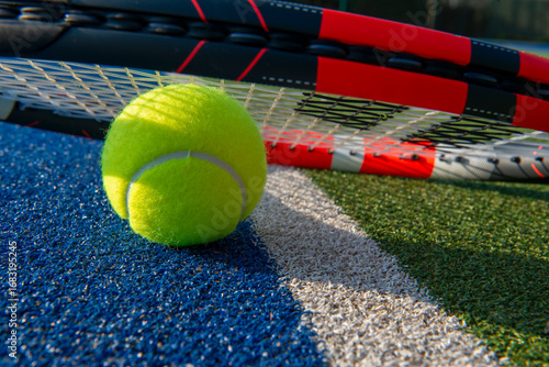 Tennis racquet and ball on artificial court. Close-up