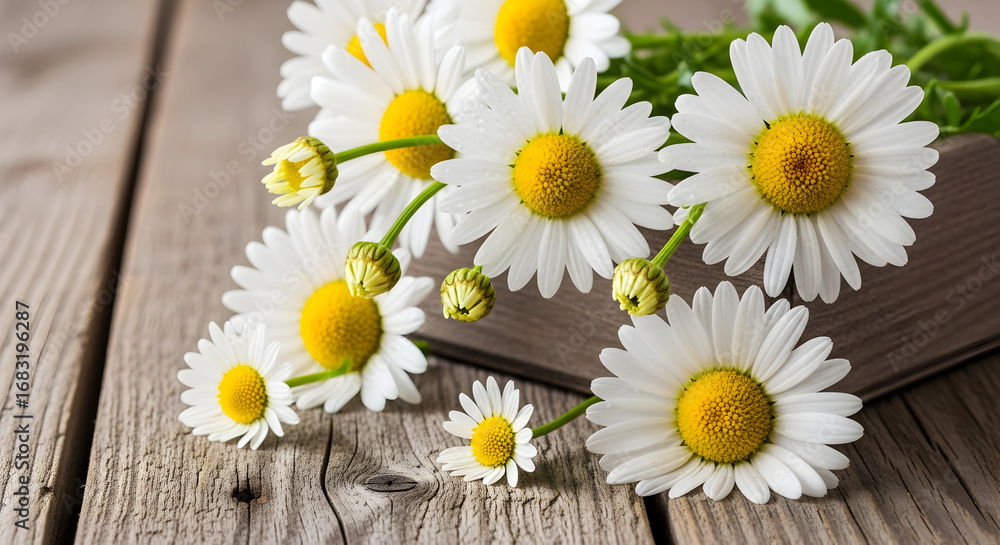 Obraz premium Elegant daisies arrangement on rustic wooden surface capturing simple beauty close up