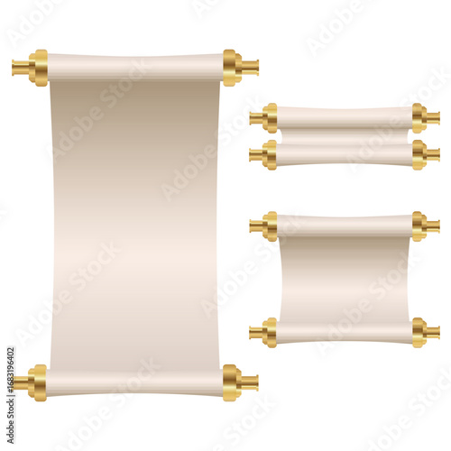 Ancient set of scrolls, parchment paper with gold holders. Vector illustration